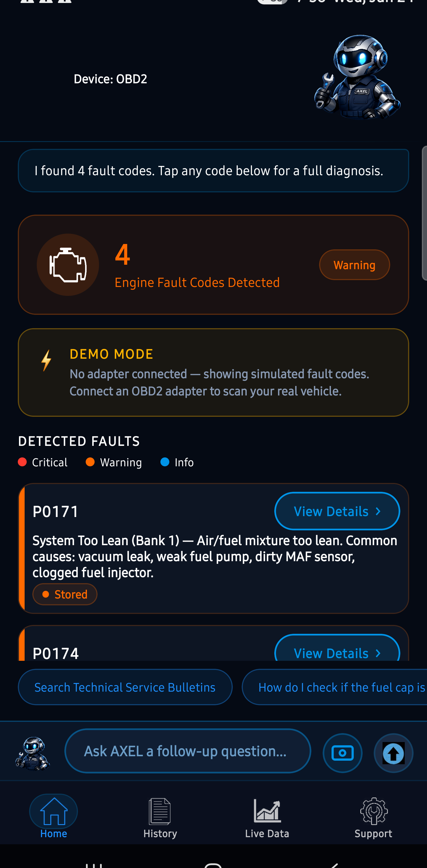 The app showing four engine fault codes detected, including P0171 System Too Lean, each with a plain-English description and status.