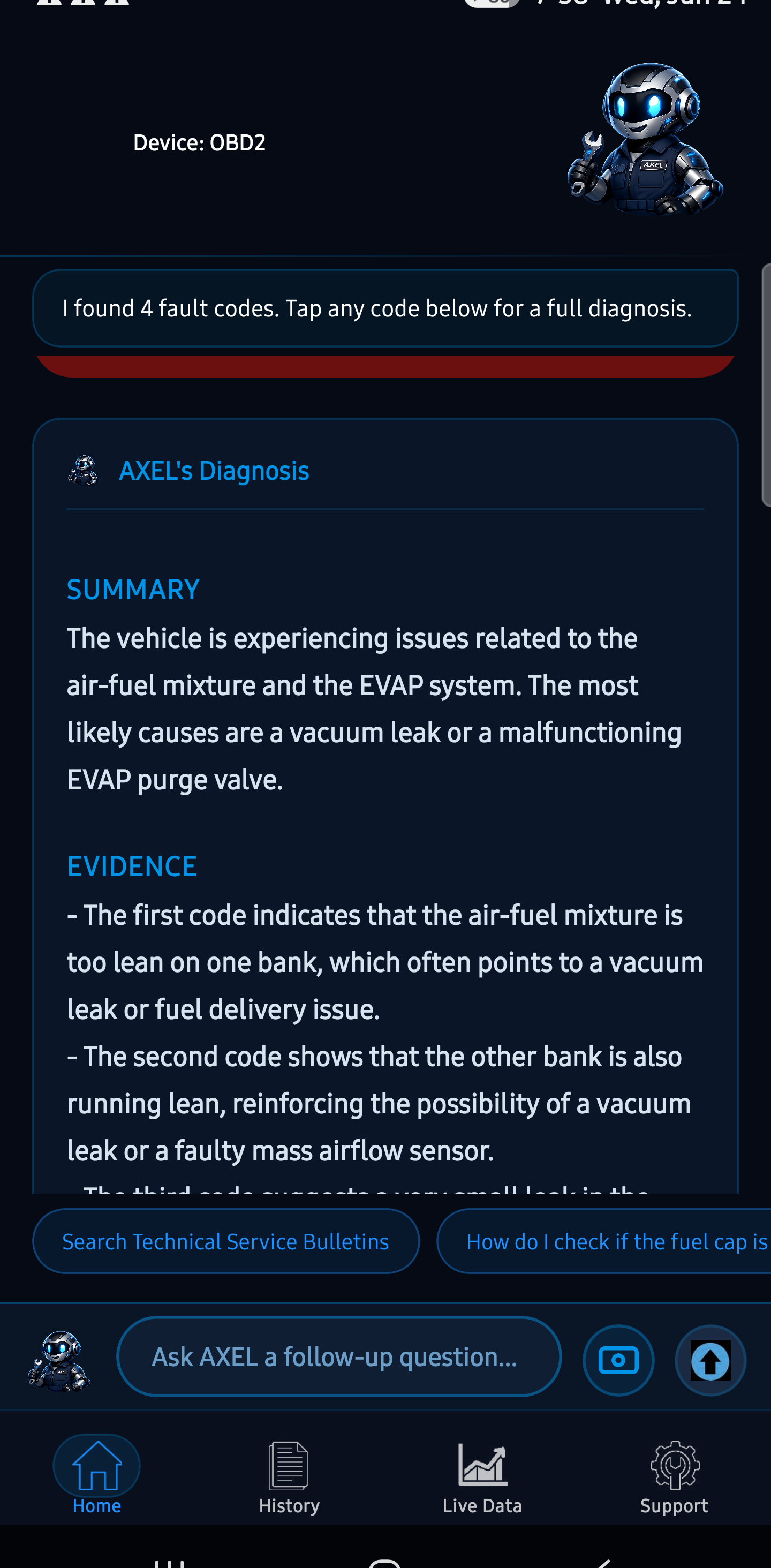 The Auto AI Diagnostics app showing AXEL's AI diagnosis: a plain-English summary identifying a likely vacuum leak or EVAP purge valve fault, with supporting evidence.