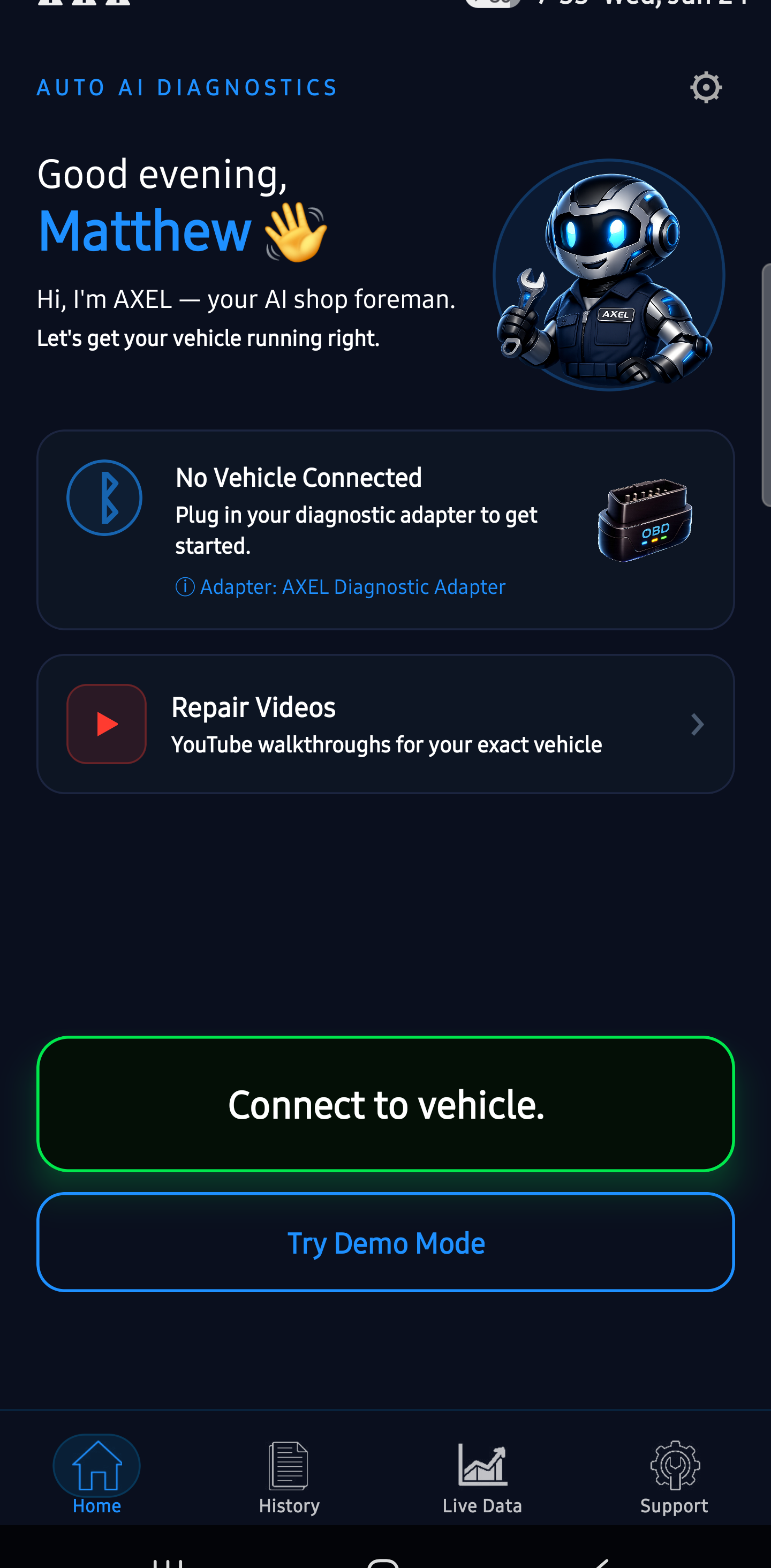 Auto AI Diagnostics home screen greeting the driver with AXEL, the AI assistant, and a one-tap option to start a scan or try a demo.