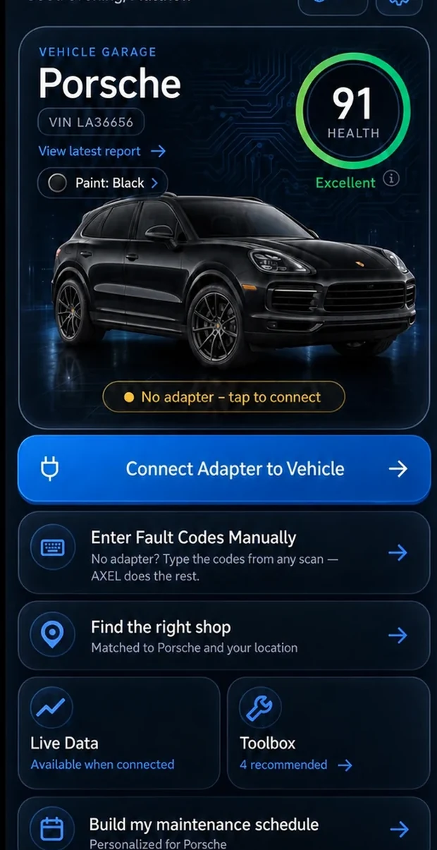 The garage home screen with the Enter Fault Codes Manually card under Connect Adapter.