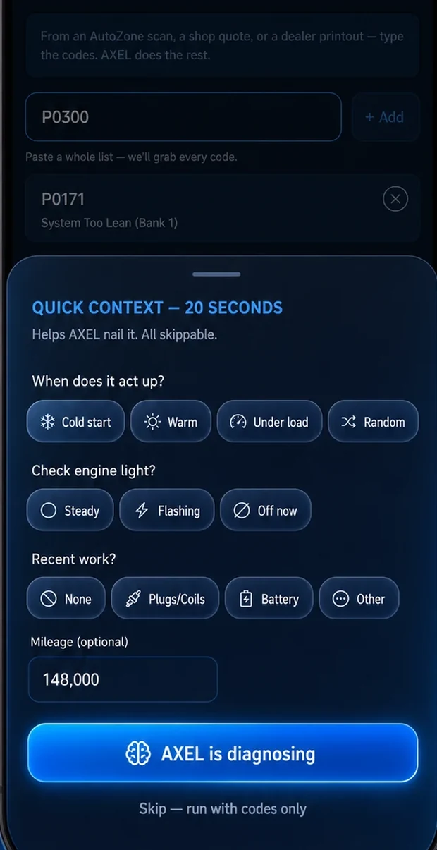The quick-context sheet: when it acts up, light state, recent work, mileage — all skippable.