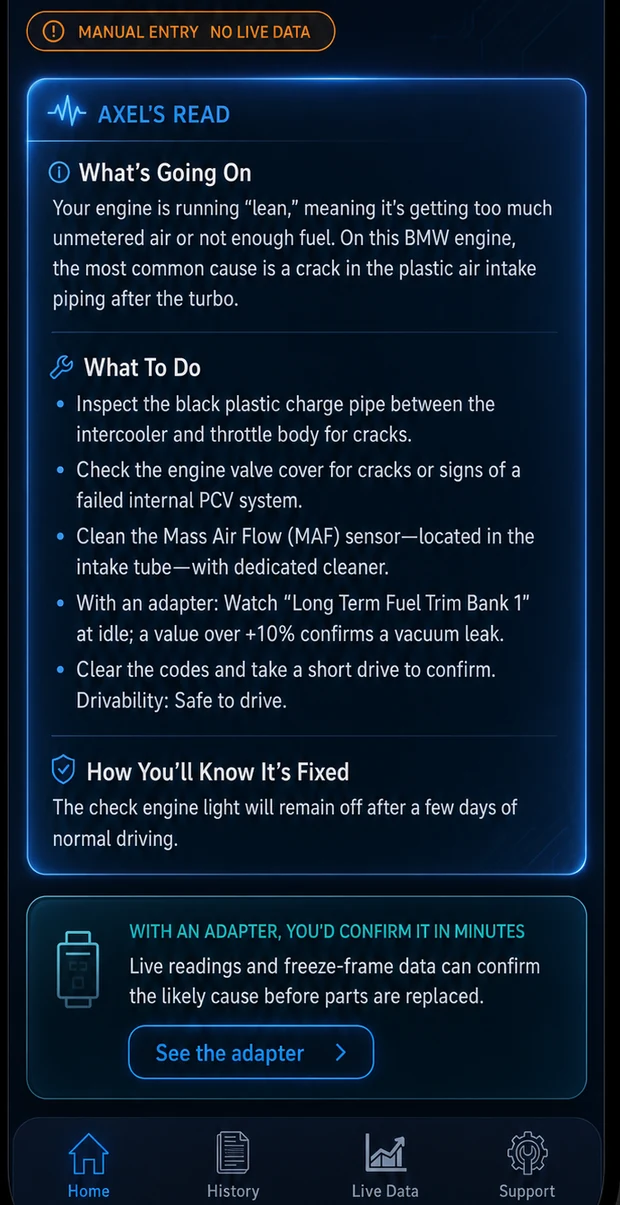 AXEL's full diagnosis from typed codes: what's going on, what to do, how you'll know it's fixed.
