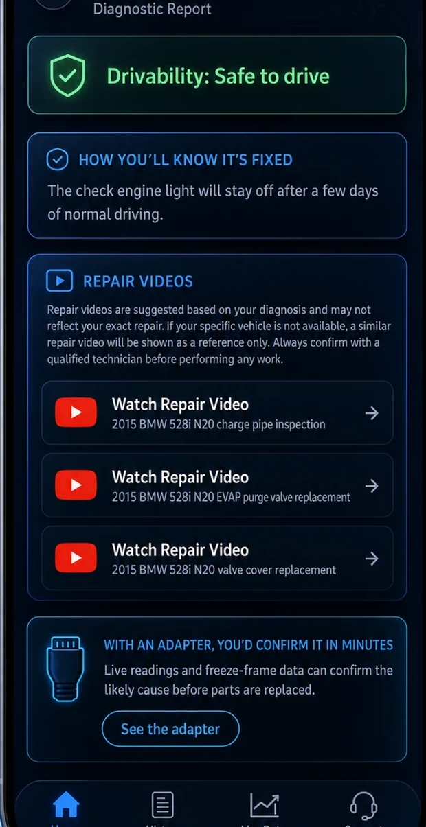 Repair videos matched to the exact car and repair, with drivability verdict.