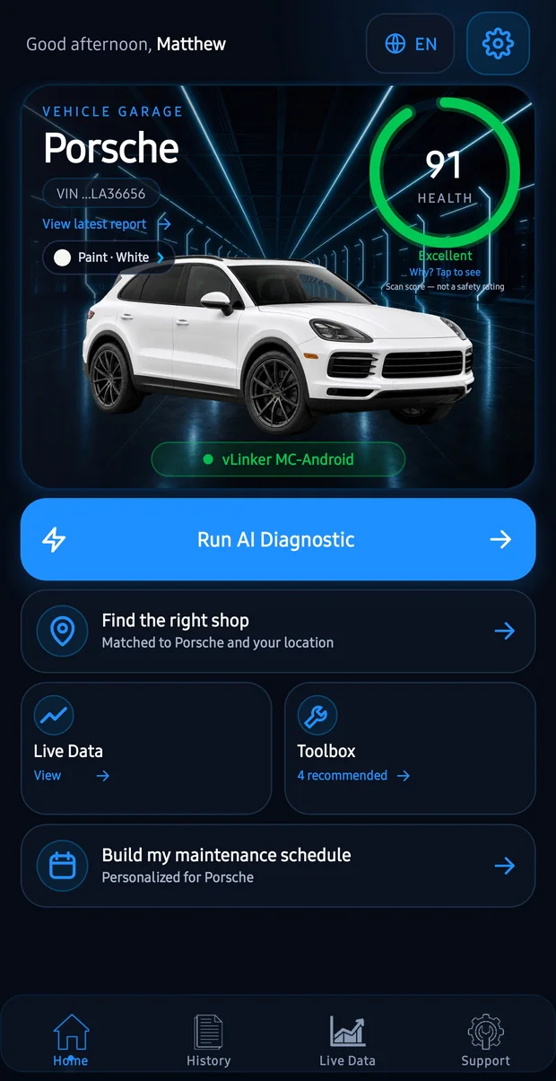 The garage: a white Porsche Cayenne with a health score of 91 and a Run AI Diagnostic button.