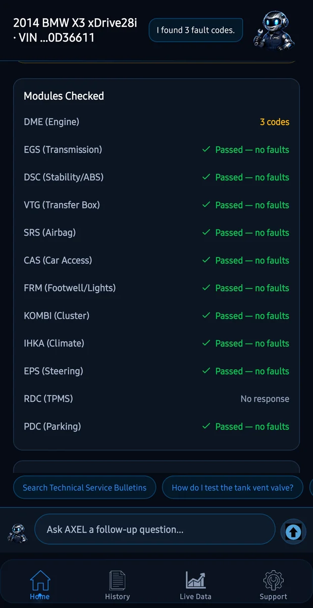 Thirteen vehicle modules scanned — engine showing 3 codes, everything else passing.