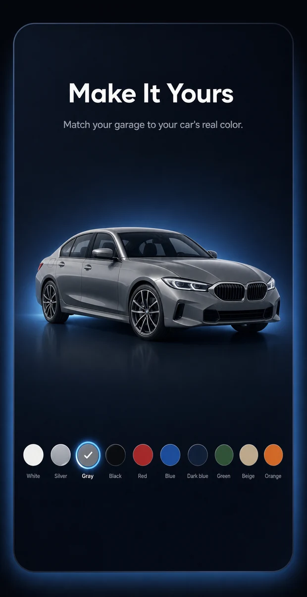 The Choose Your Car Color picker open over the garage, with ten paint swatches.
