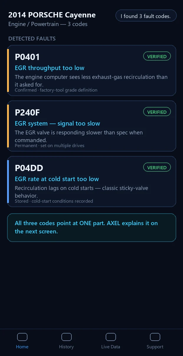 The Cayenne's engine faults: P240F plus enhanced module identifiers, each preserved honestly.